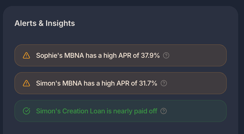 Dashboard alerts and insights showing upcoming payments and tips